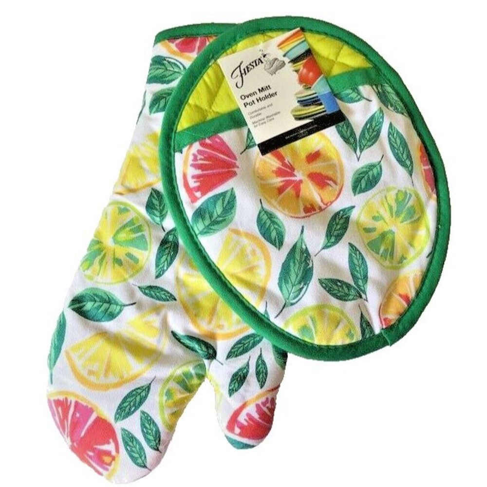 Fiesta Kitchen Potholder Oven Mitt Citrus Lemons Grapefruit Set of 2 Cotton